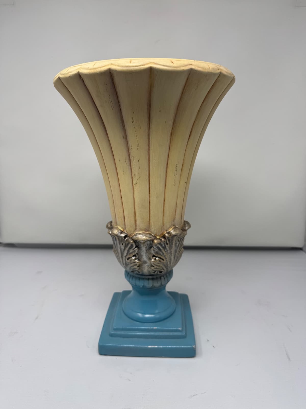 Fluted Trumpet-Form Decorative Urn Vase with Blue Base